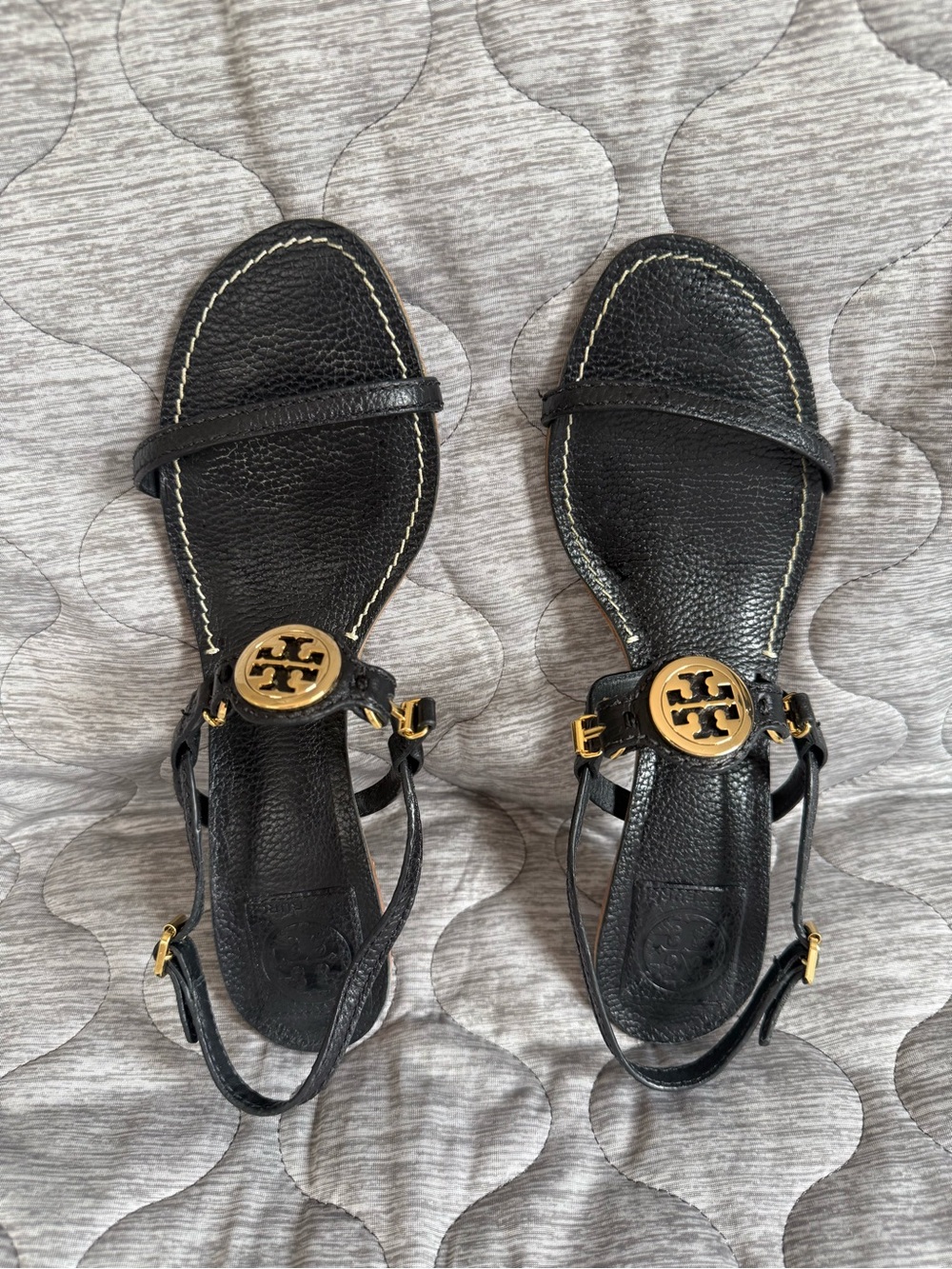 Tory Burch Black Leather Logo T-Strap Sandals with Gold Hardware